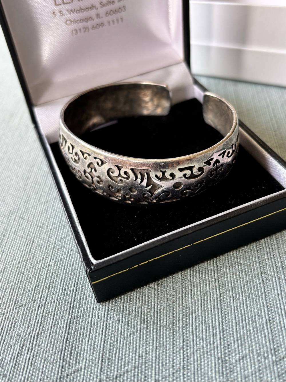 Sterling Silver Floral Etched Cuff Bracelet - Heavy Hammered Inside adjustable